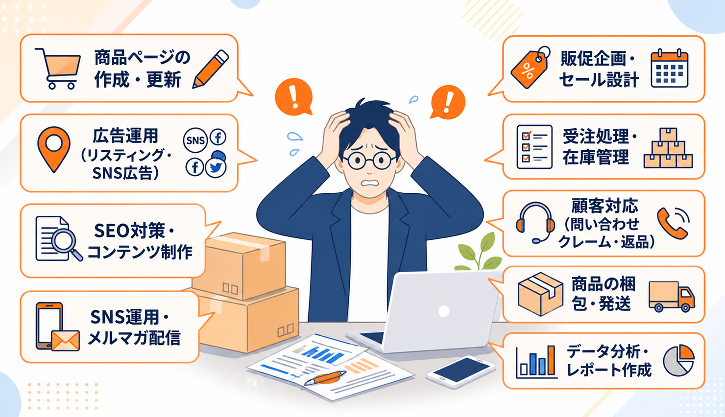 EC運営の業務の広さに困惑するイラスト