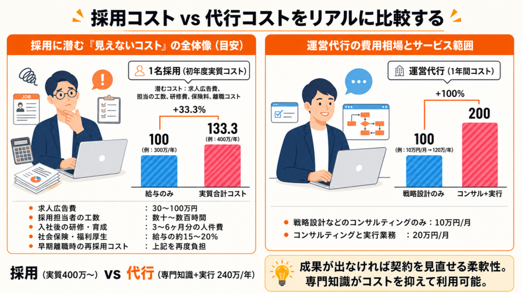 採用コスト vs 代行コストの比較イラスト